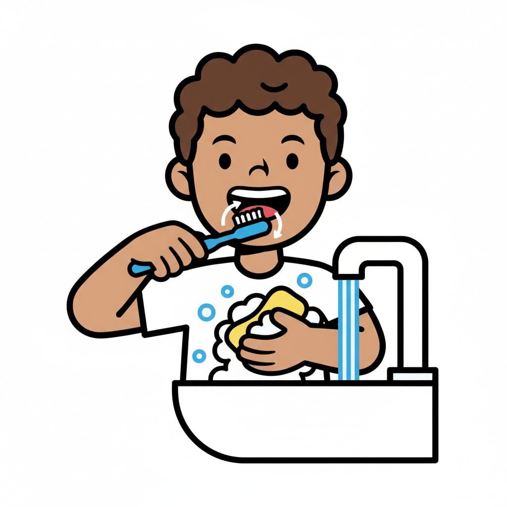 En pojke står vid ett handfat, borstar tänderna med en blå tandborste och håller en gul svamp med skum, vilket indikerar att han också tvättar sig.