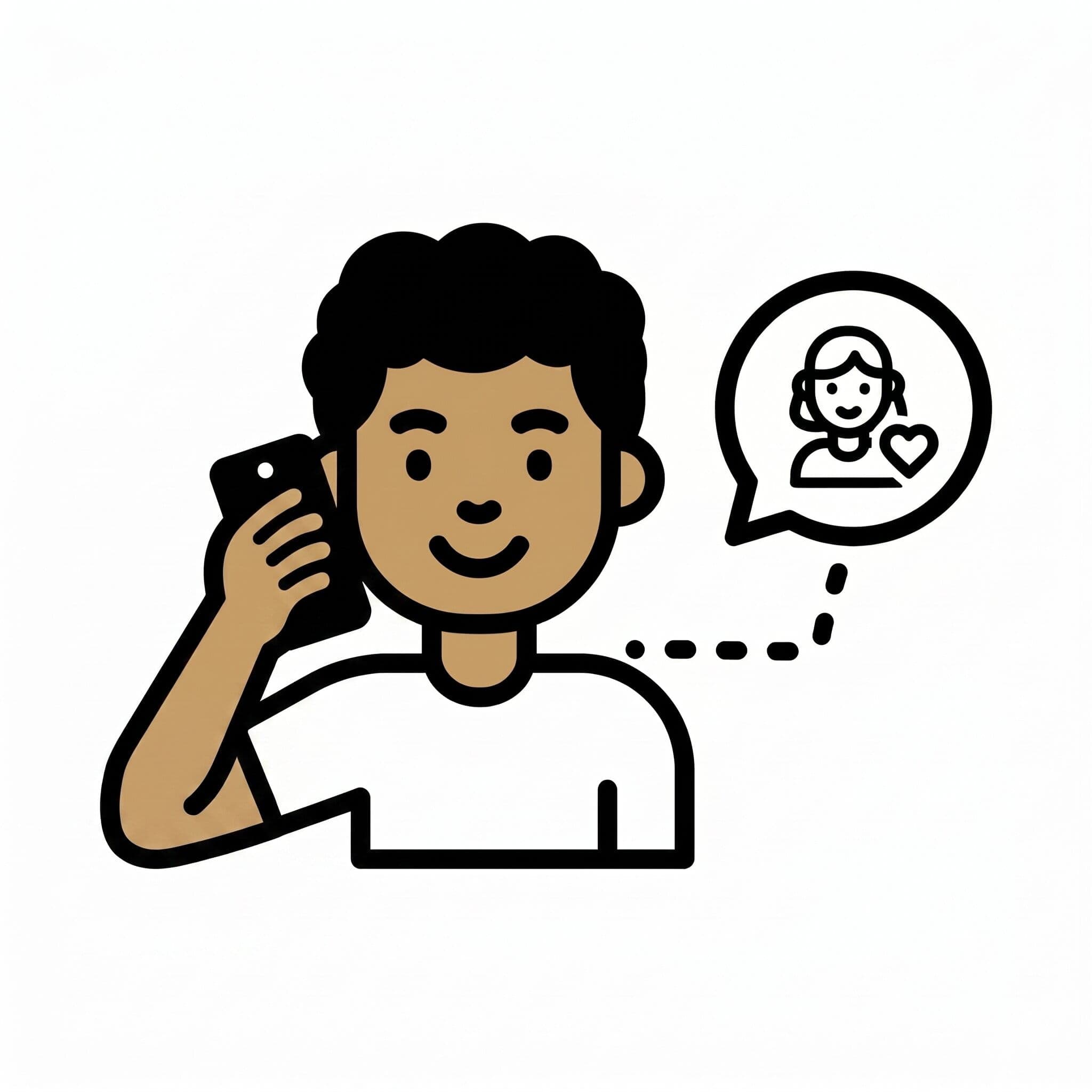 A boy speaking into a smartphone with a speech bubble showing a female figure with a heart, indicating he is calling his mother.