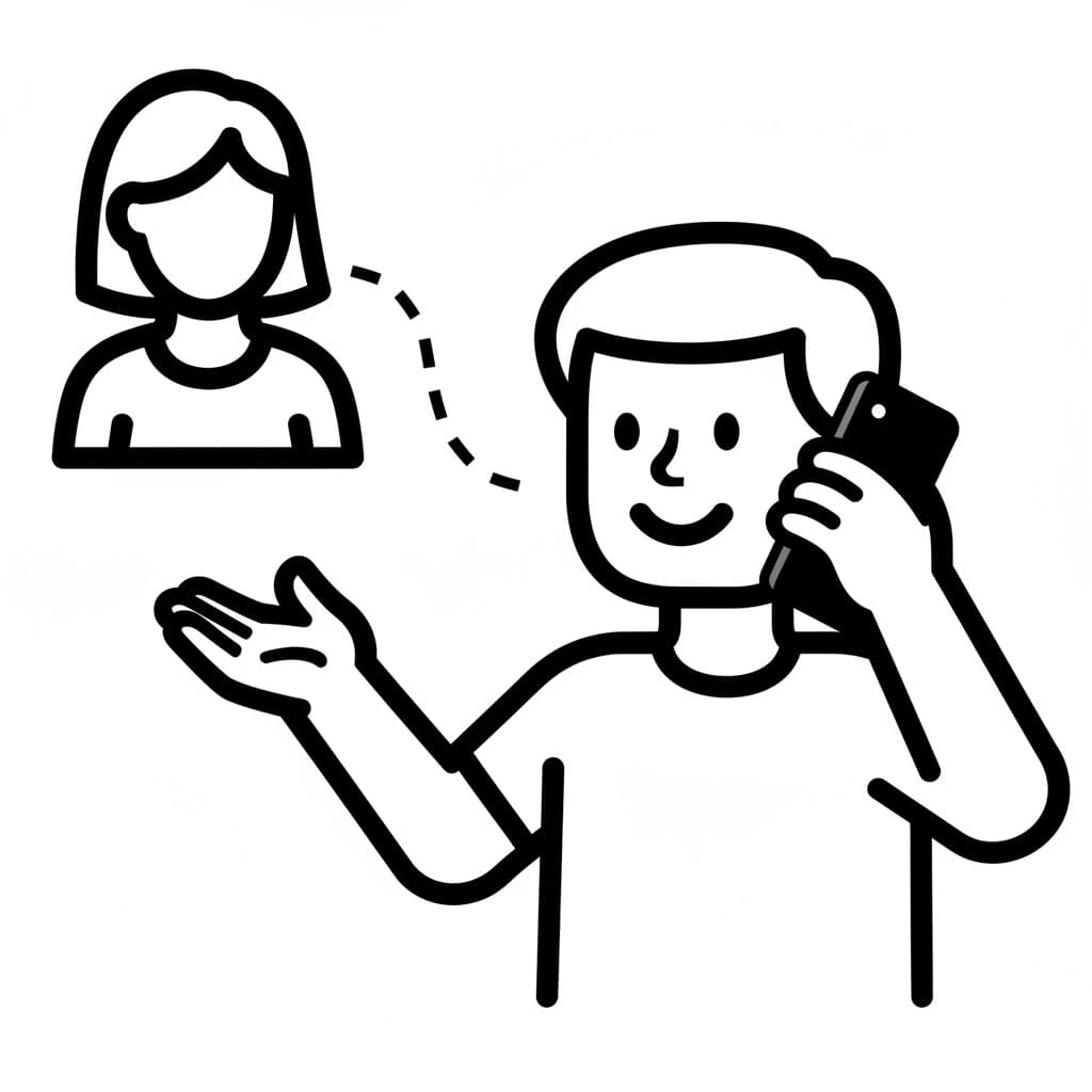 An outline drawing of a boy speaking into a smartphone, gesturing with his free hand, with a blurred female figure in the background representing the parent he is calling.