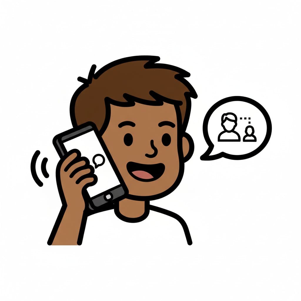 A boy speaking into a smartphone with a speech bubble showing two abstract people, indicating he is calling a parent.