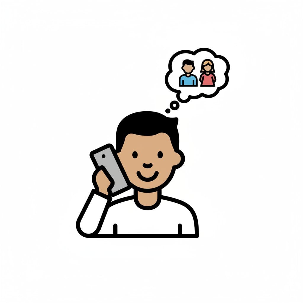 A boy holding a smartphone to his ear with a thought bubble showing a male and a female figure, indicating he is calling his parents.