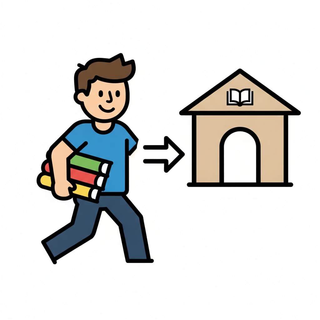 A boy carries a stack of colourful books toward a building marked with an open book.