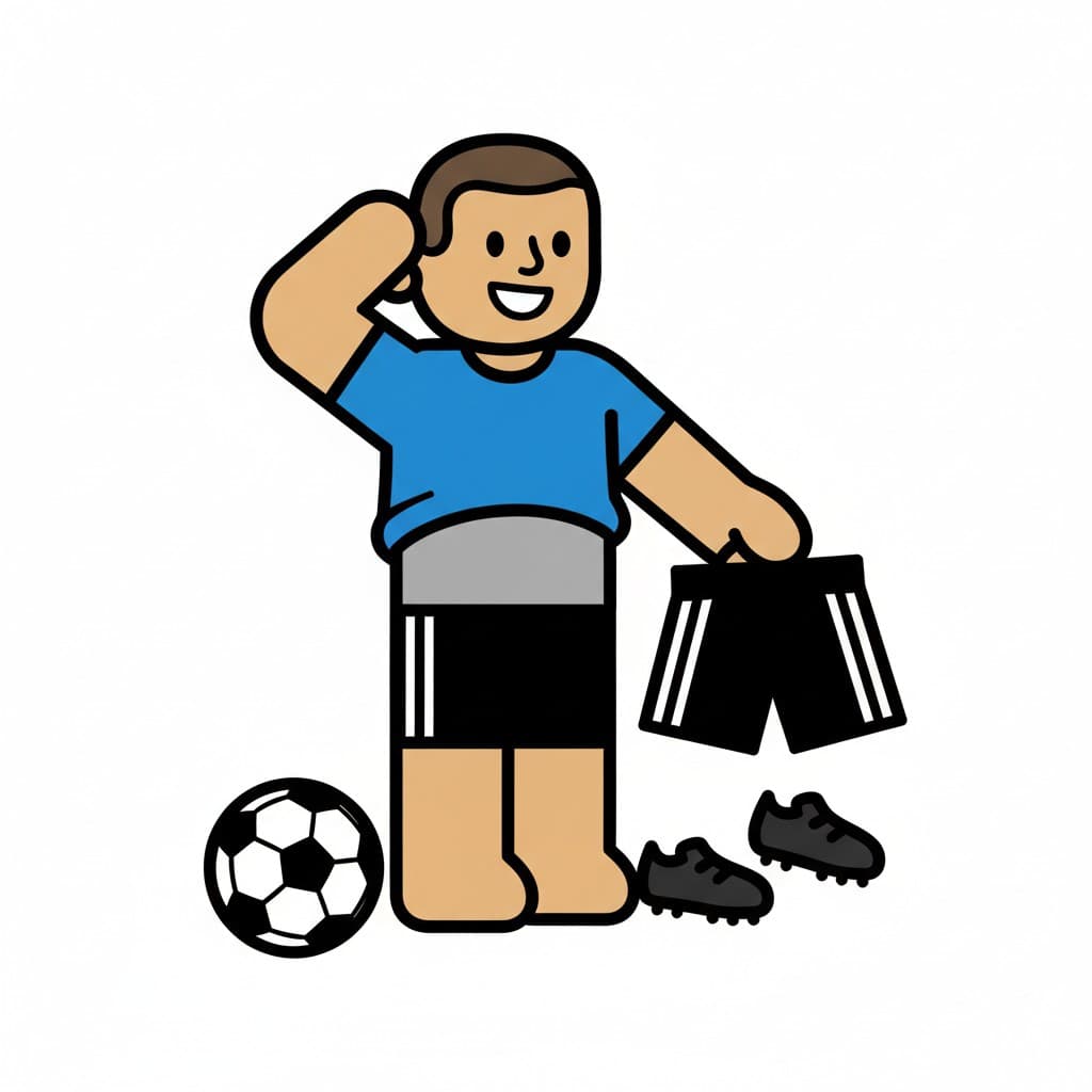 En dreng holder fodboldshorts, med en fodbold og fodboldsko ved siden af ham.