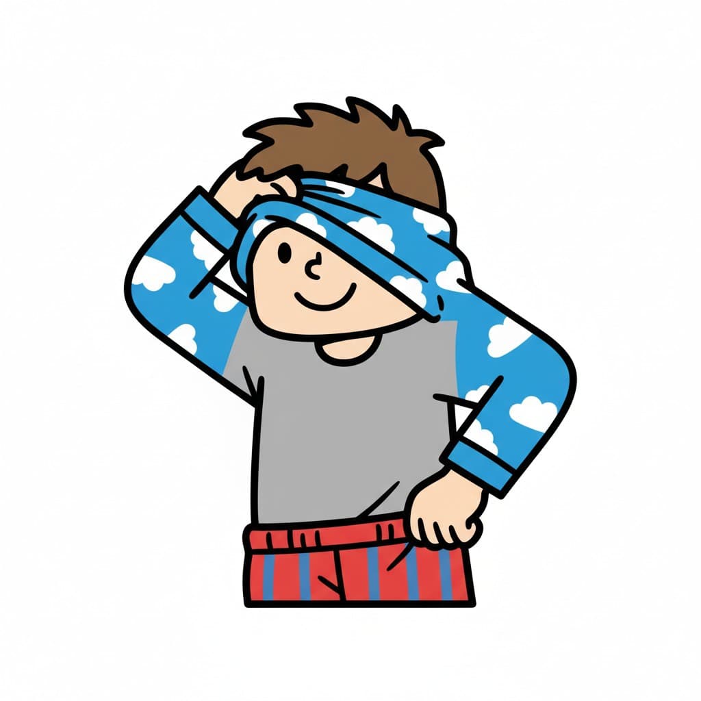 En pojke byter sin pyjamas. Han drar en blå topp med molnmönster över huvudet.