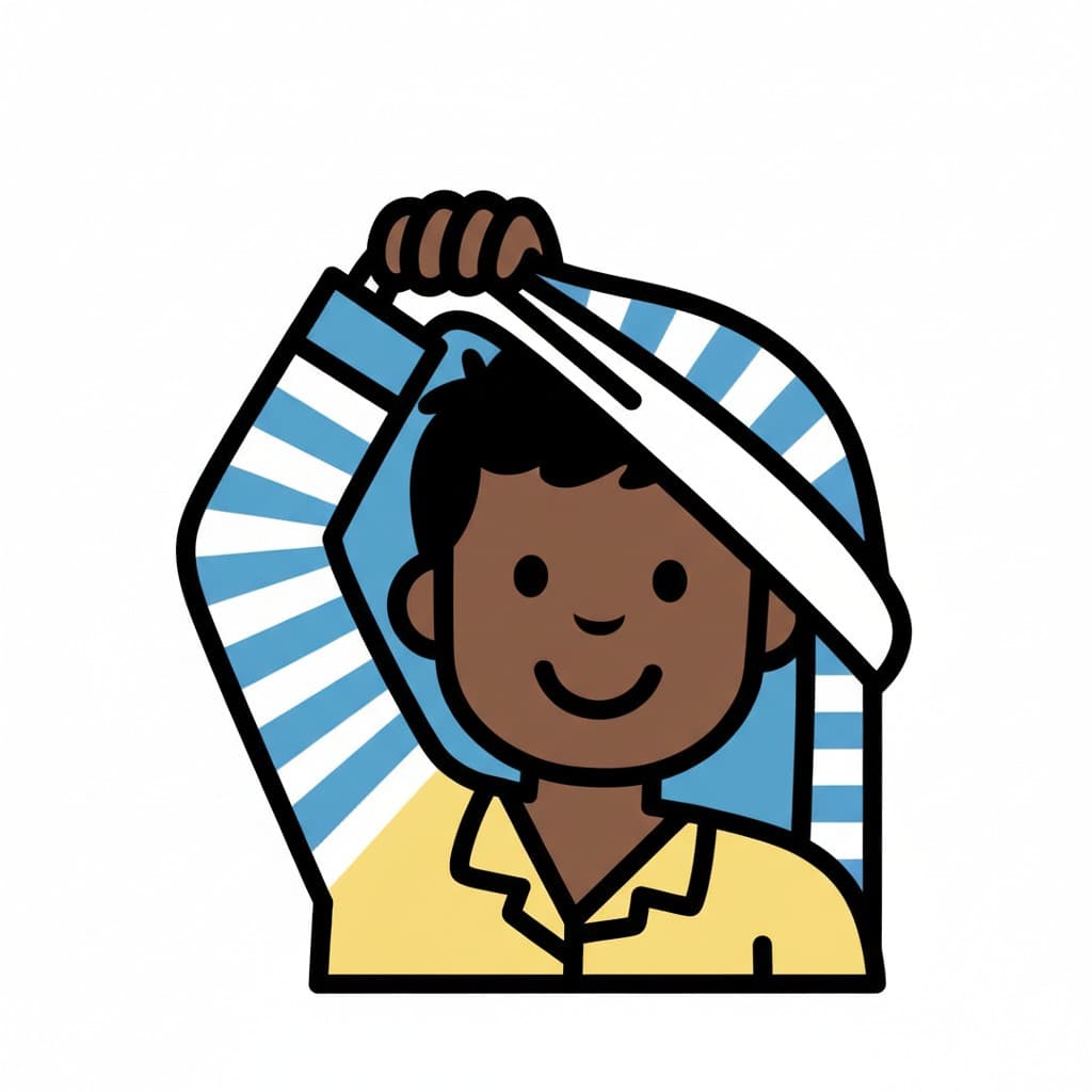 A cartoon boy is pulling a striped pajama top over his head, smiling. He is wearing a yellow shirt underneath.