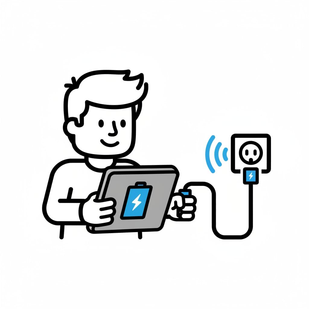 En person håller en surfplatta och sätter i laddaren i ett vägguttag. Surfplattans skärm visar en batterisymbol med en blixt.