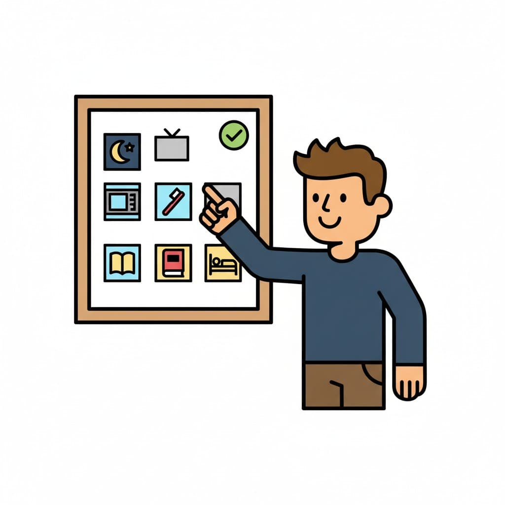 A cartoon boy points at an evening routine board with icons representing watching TV, brushing teeth, reading, and going to bed. A green checkmark indicates a completed task.