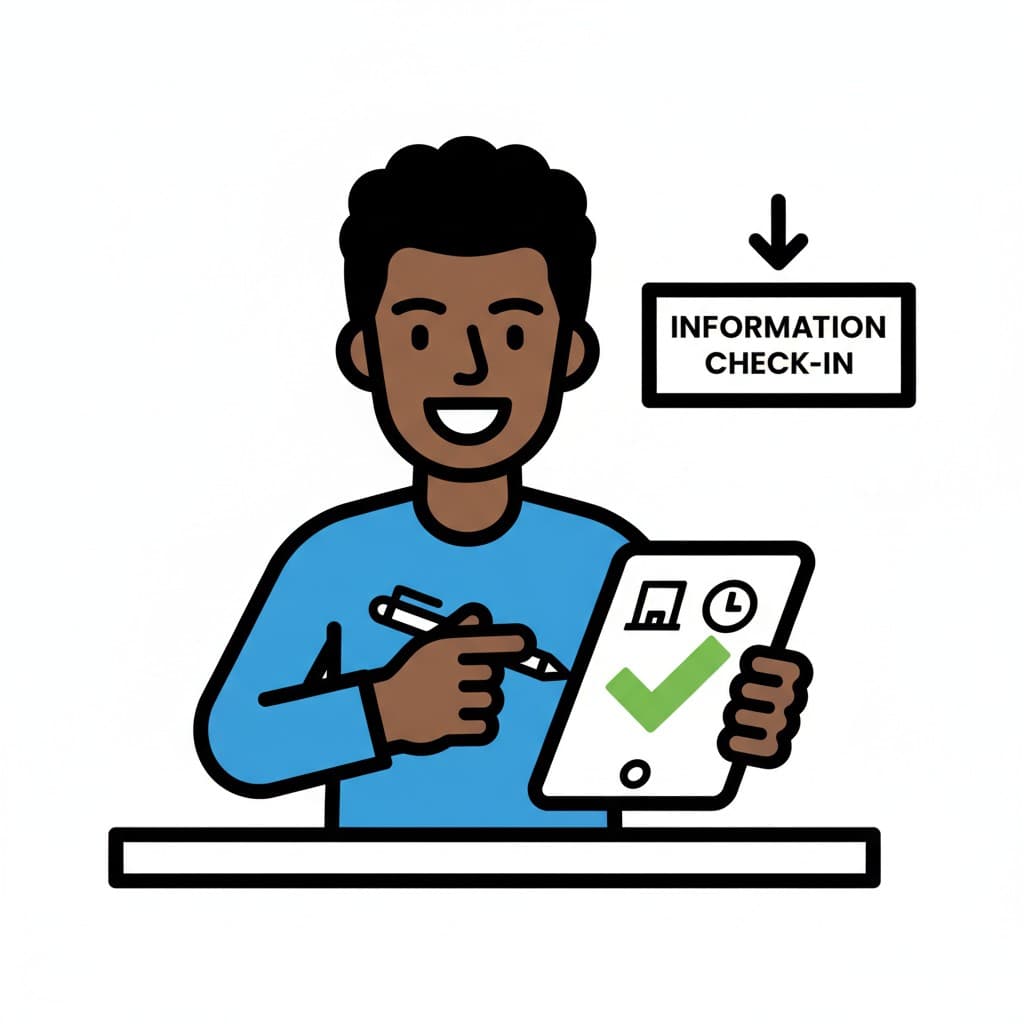 A smiling boy at a counter pointing to a tablet with a green checkmark under a check-in sign.