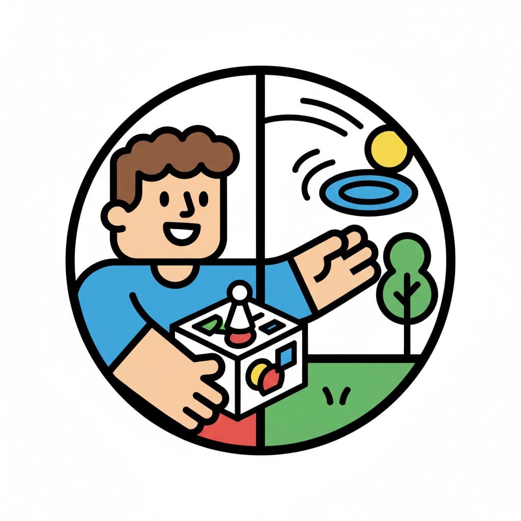 En pojke håller ett spel och pekar mot en frisbee ute, som val mellan brädspel och utelek.