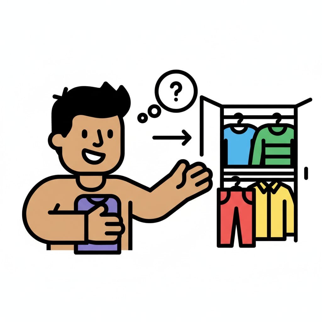 A person stands in front of an open wardrobe with various clothes, looking thoughtful with a question mark above their head, holding a piece of clothing.