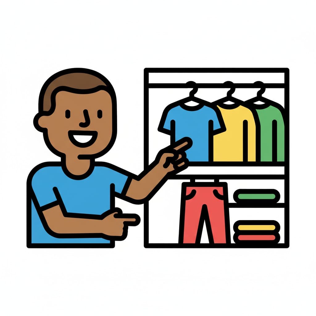 En kille pekar på kläder i en garderob.