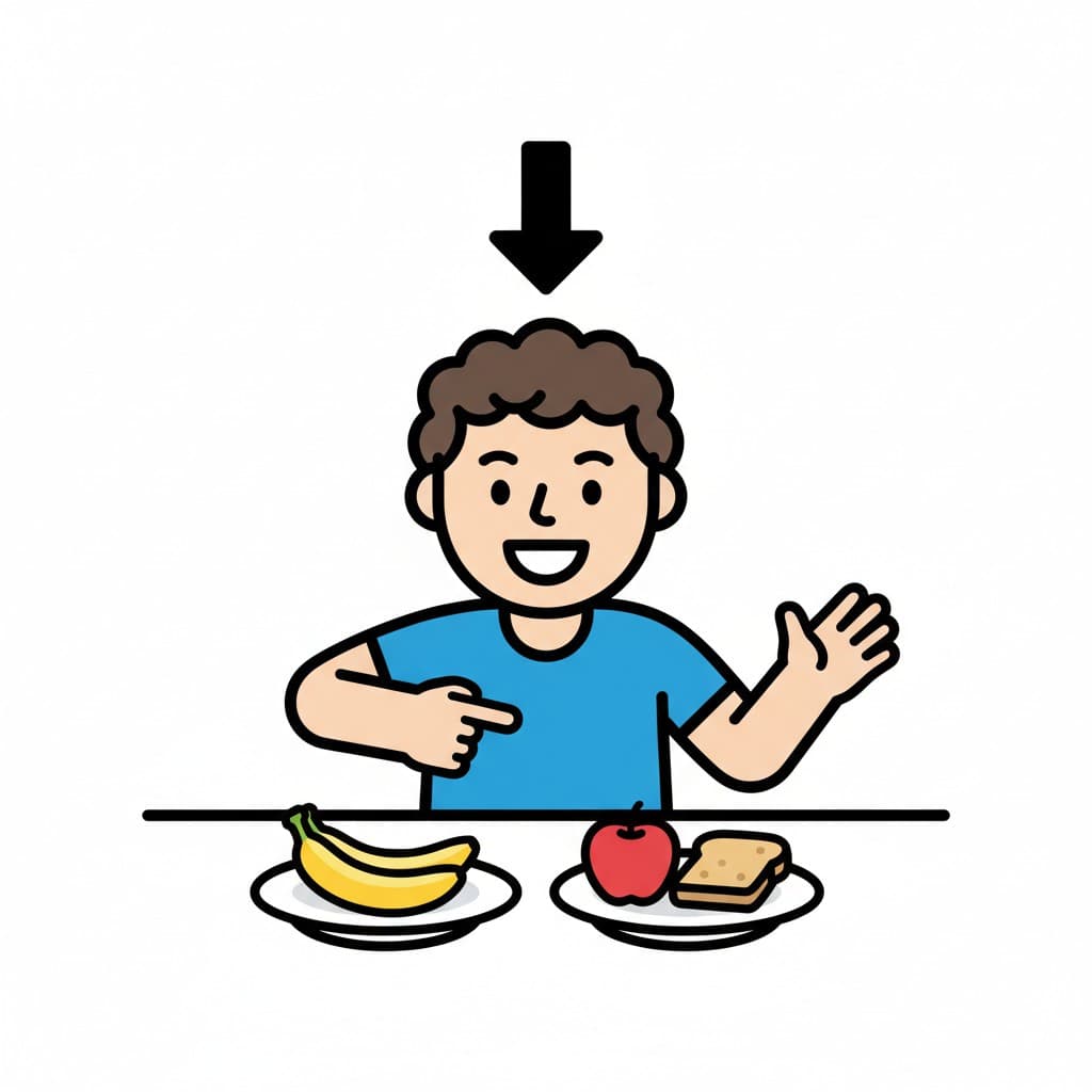 En pojke sitter vid ett bord och pekar på olika matalternativ: en banan, ett äpple och en smörgås. En pil pekar ner mot honom, vilket indikerar ett val.
