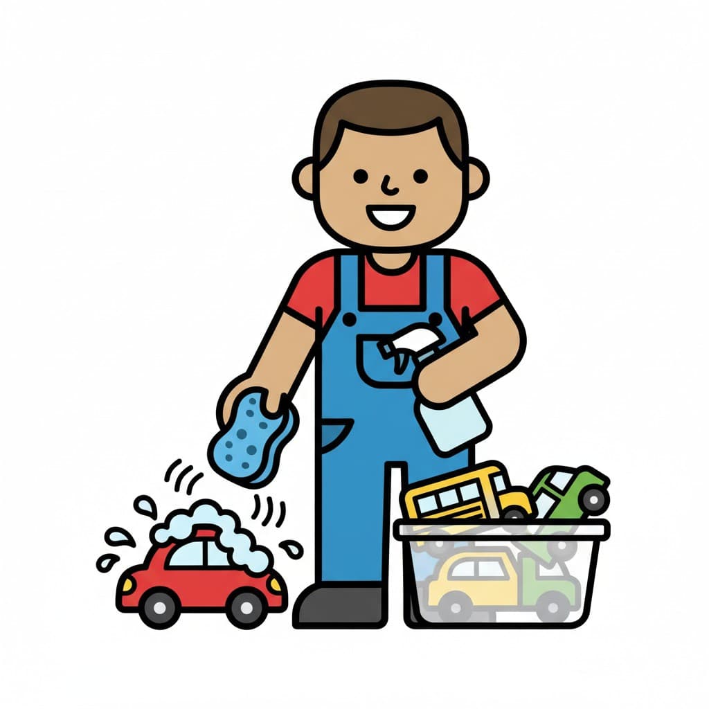 An illustrated boy in blue overalls and a red shirt washing a red toy car with a sponge and a spray bottle. Next to him is a clear bin filled with other toy cars.