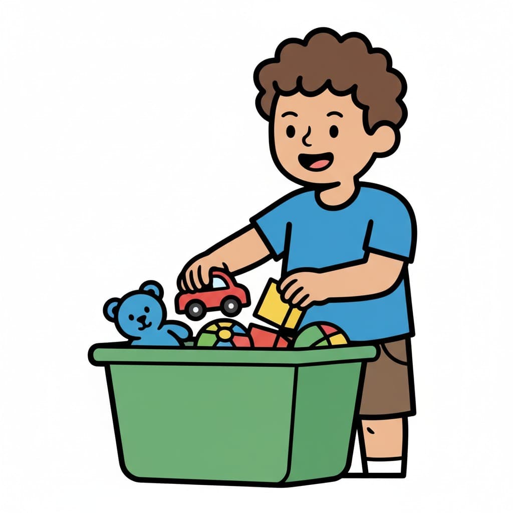 En pojke lägger en röd leksaksbil och ett gult kloss i en grön leksakslåda, där det redan ligger en blå nallebjörn och andra leksaker.