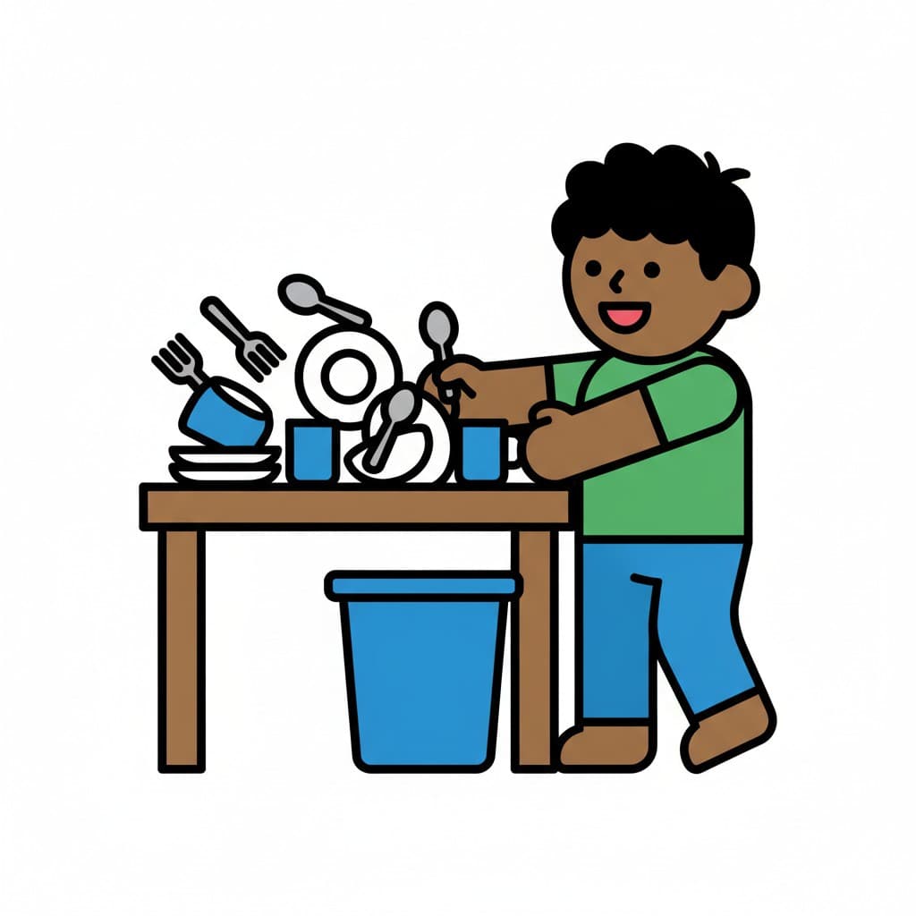 A boy sorts dirty plates and cutlery from a table, with a trash can nearby.