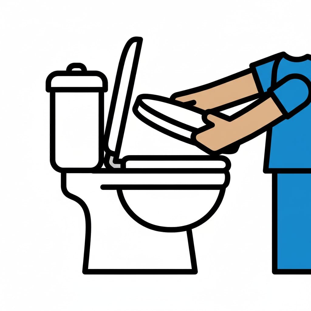 En person stänger toalettlocket på en vit toalett.