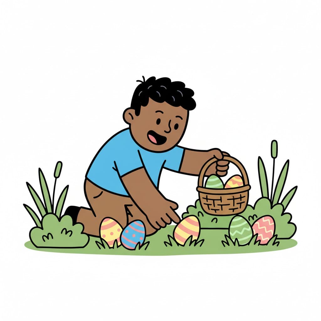 En pojke sitter på knä och samlar färgglada påskägg från gräset i en korg. Han ler.