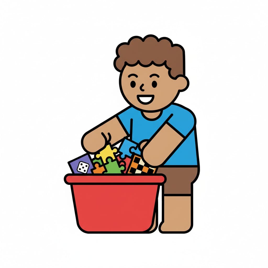 En pojke samlar olika pusselbitar och spelkomponenter i en röd förvaringslåda.