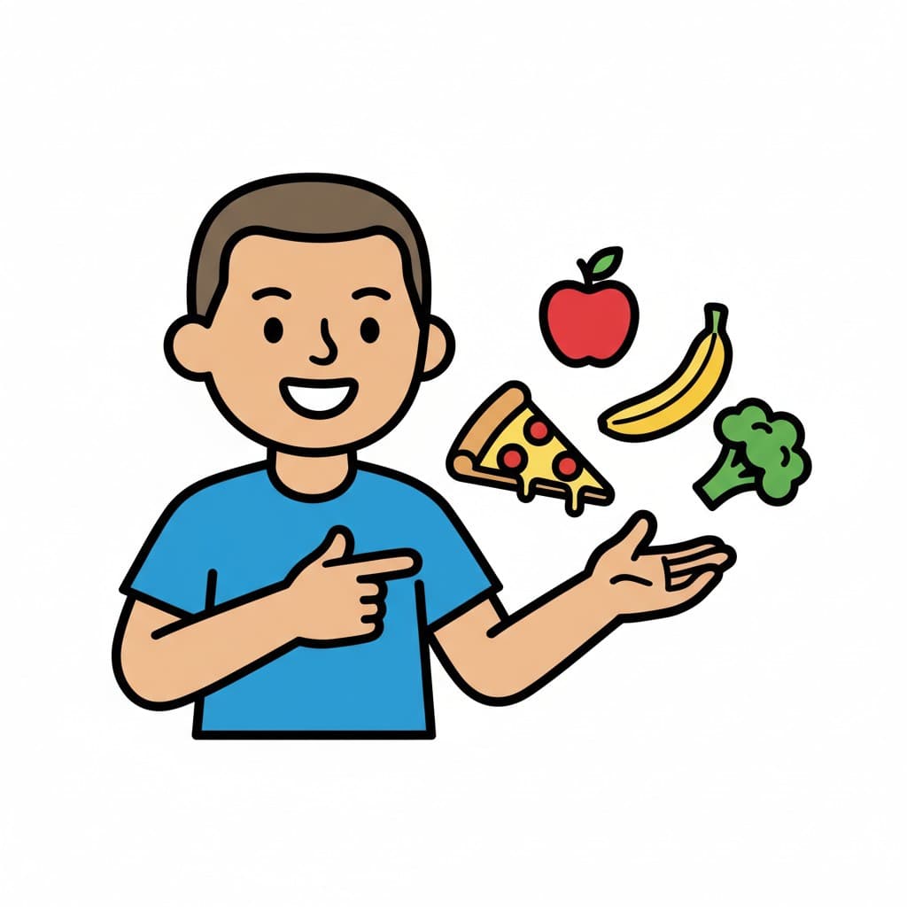 En pojke pekar med ena handen medan olika matvaror som äpple, banan, broccoli och en pizzabit svävar runt hans andra öppna hand, vilket symboliserar val.