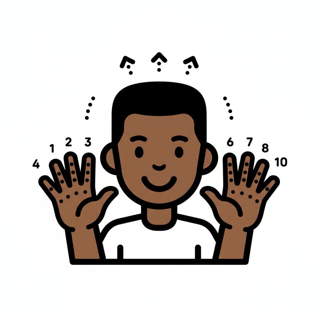 A happy person counts to 10 using their fingers. Numbers 1-10 are displayed next to the fingers. Small dots above the head indicate thought or concentration.