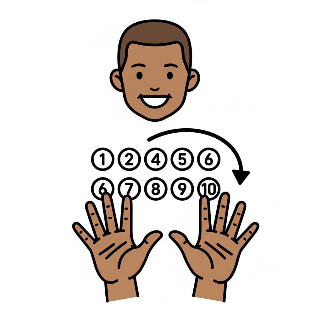 A happy person shows numbers 1 to 10 in circles with an arrow indicating the counting direction. Two open hands with five fingers each are below, ready to count.
