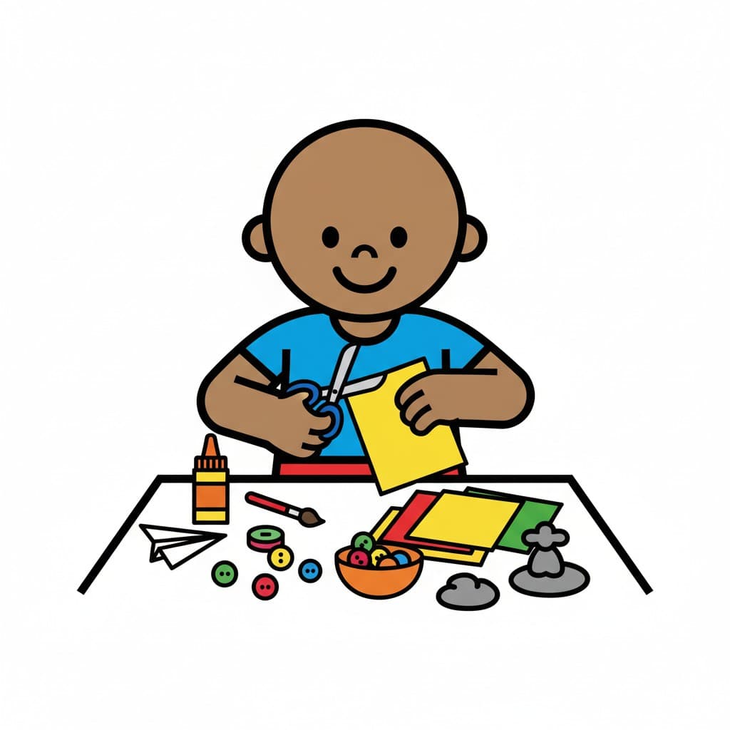 En person klipper papper med en sax vid ett bord fyllt med pysselmaterial som lim, papper och knappar.