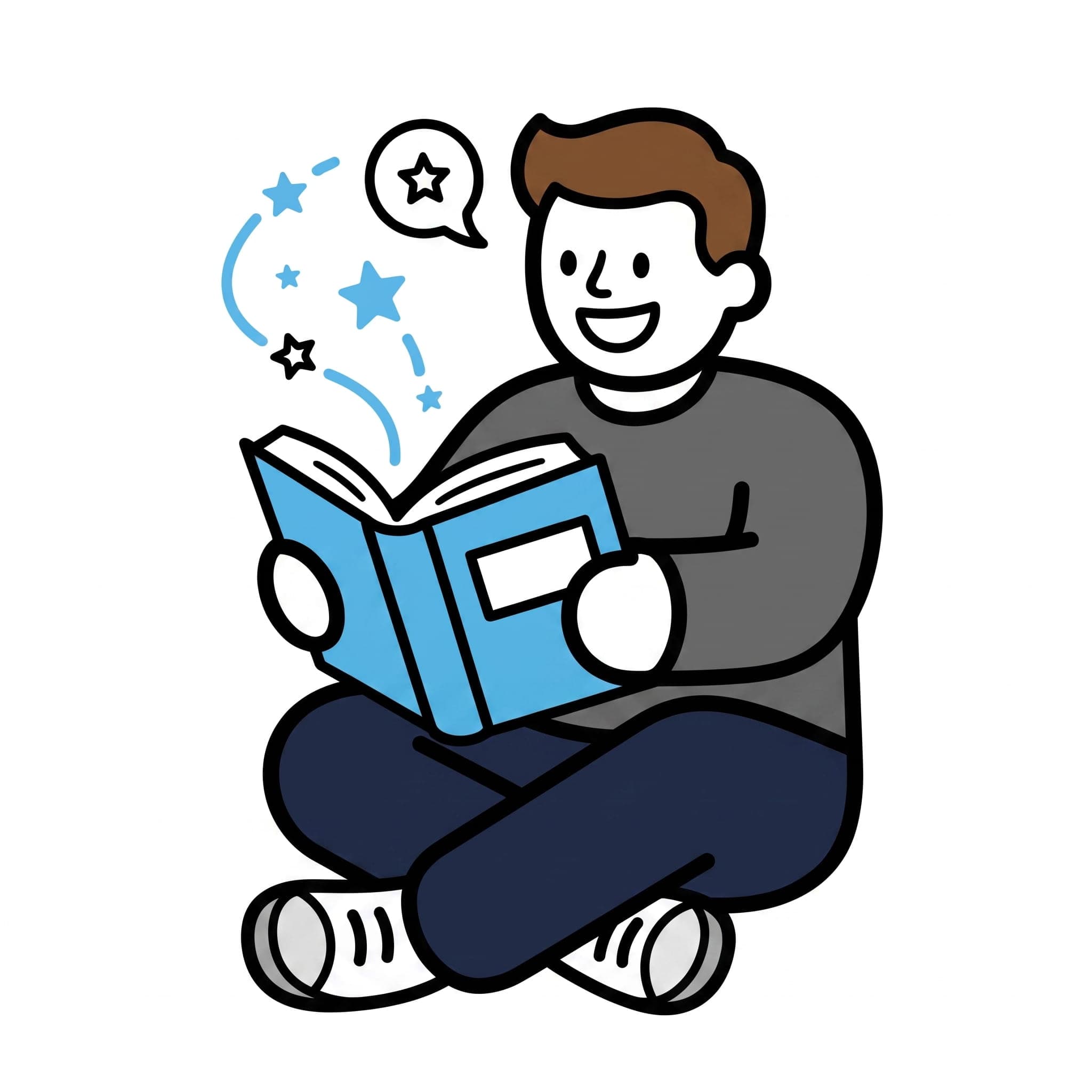 A boy sits cross-legged reading a blue book while stars float up from the pages.