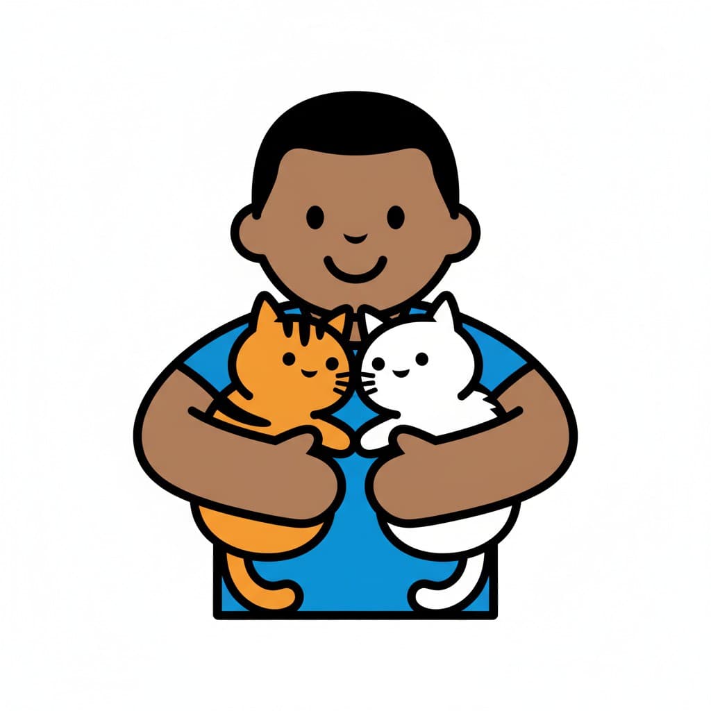 A boy holding two cats, one orange and one white.
