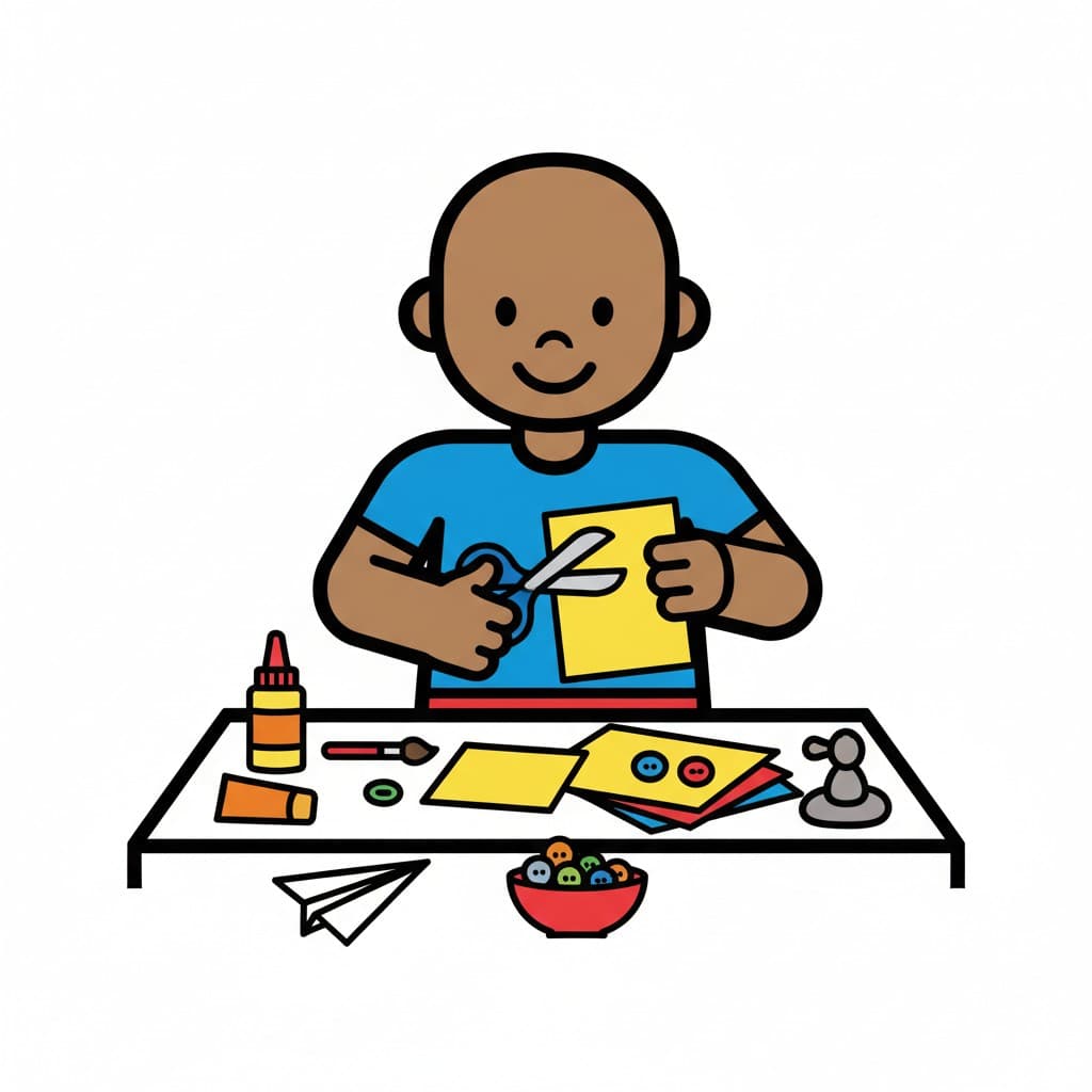 En person klipper i gult papper med en sax vid ett bord med olika pysselmaterial som lim, en pensel och knappar.