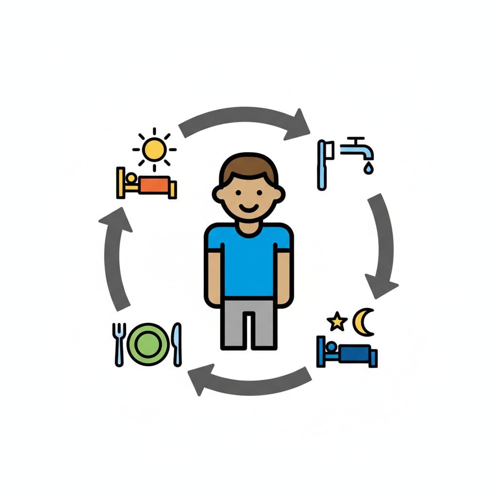 Kuvitus sarjakuvapojasta, jota ympäröivät nuolet muodostaen ympyrän. Ympyrän sisällä on kuvakkeita, jotka edustavat aamua (sänky ja aurinko), hygieniaa (hana), iltaa (sänky, kuu ja tähti) ja aterioita (lautanen ja aterimet), symboloiden päivittäistä rutiinia.