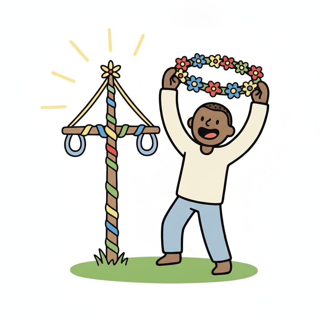 En dreng, der danser ved siden af en majstang på græsset og holder en blomsterguirlande op i solskinnet.