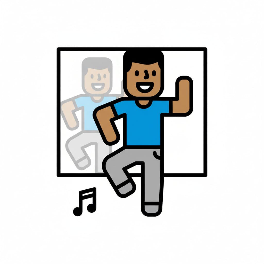 En pojke dansar framför en spegel, med musiknoter bredvid sig.