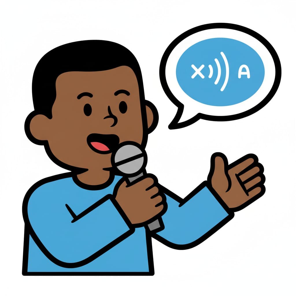 En pojke pratar i en mikrofon, med en pratbubbla som visar ljudvågor och bokstaven A. Han dikterar eller talar.