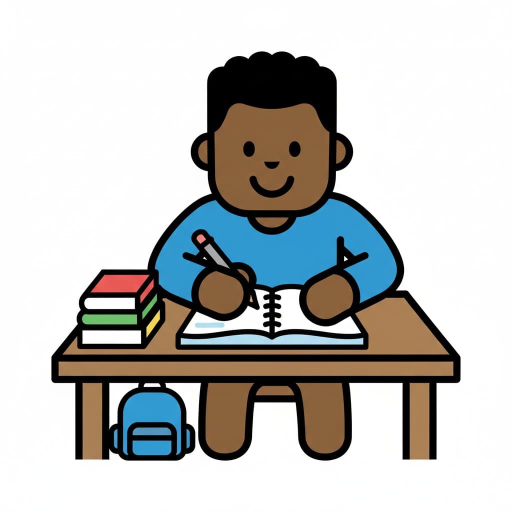 Ein Junge sitzt an einem Schreibtisch und schreibt in ein Spiralbuch. Ein Stapel Bücher und ein Rucksack sind neben ihm platziert.