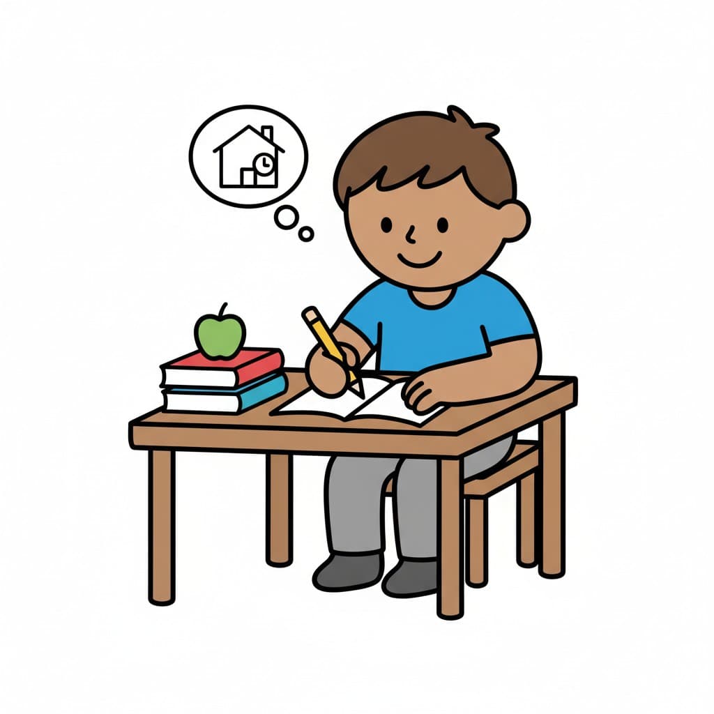 En pojke sitter vid ett skrivbord med böcker och ett äpple och skriver i en anteckningsbok. En tankebubbla visar ett hus med en klocka inuti, vilket indikerar läxor hemma.