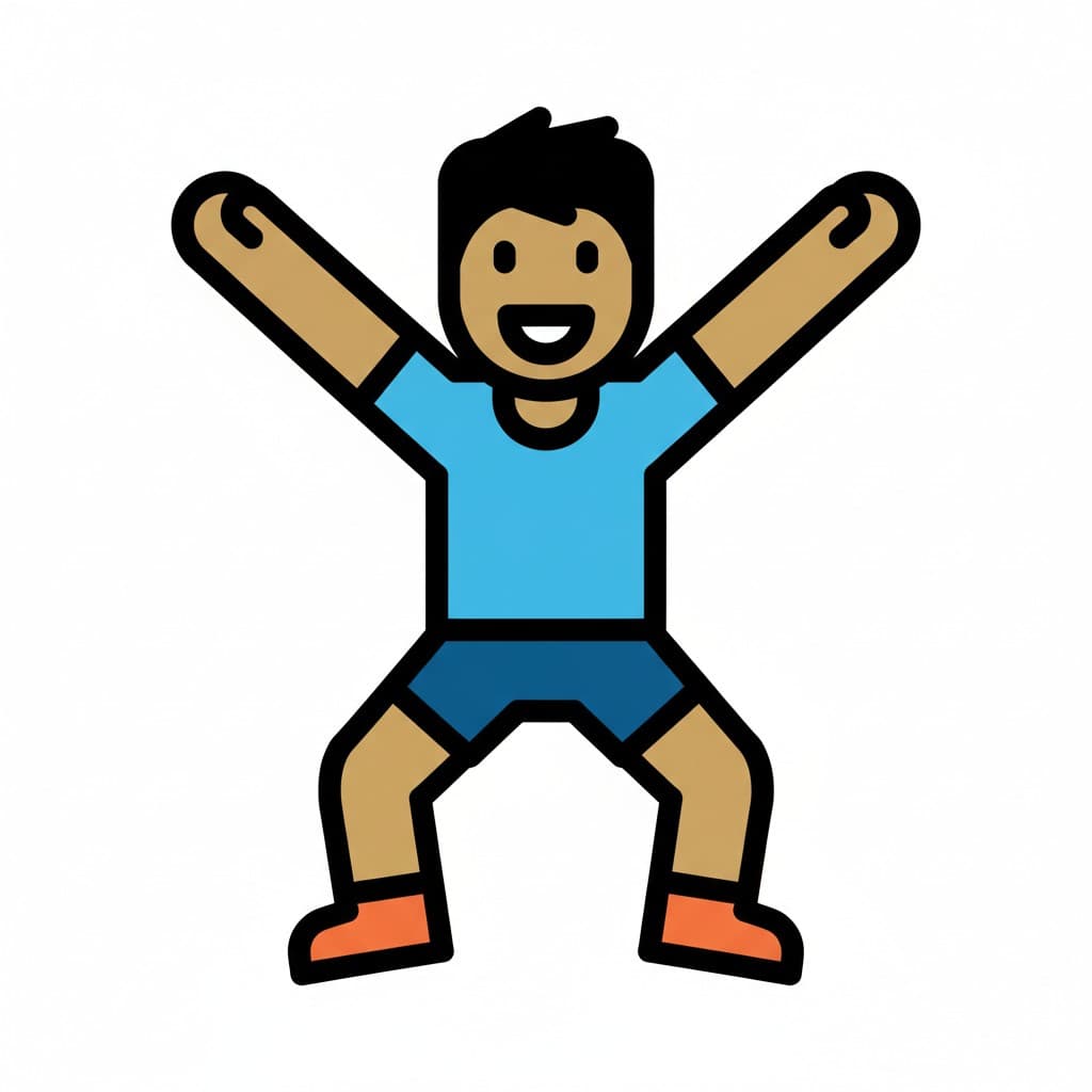 En tecknad pojke i ljusblå tröja och mörkblå shorts gör en hoppande rörelse med armarna uppåt och benen isär.