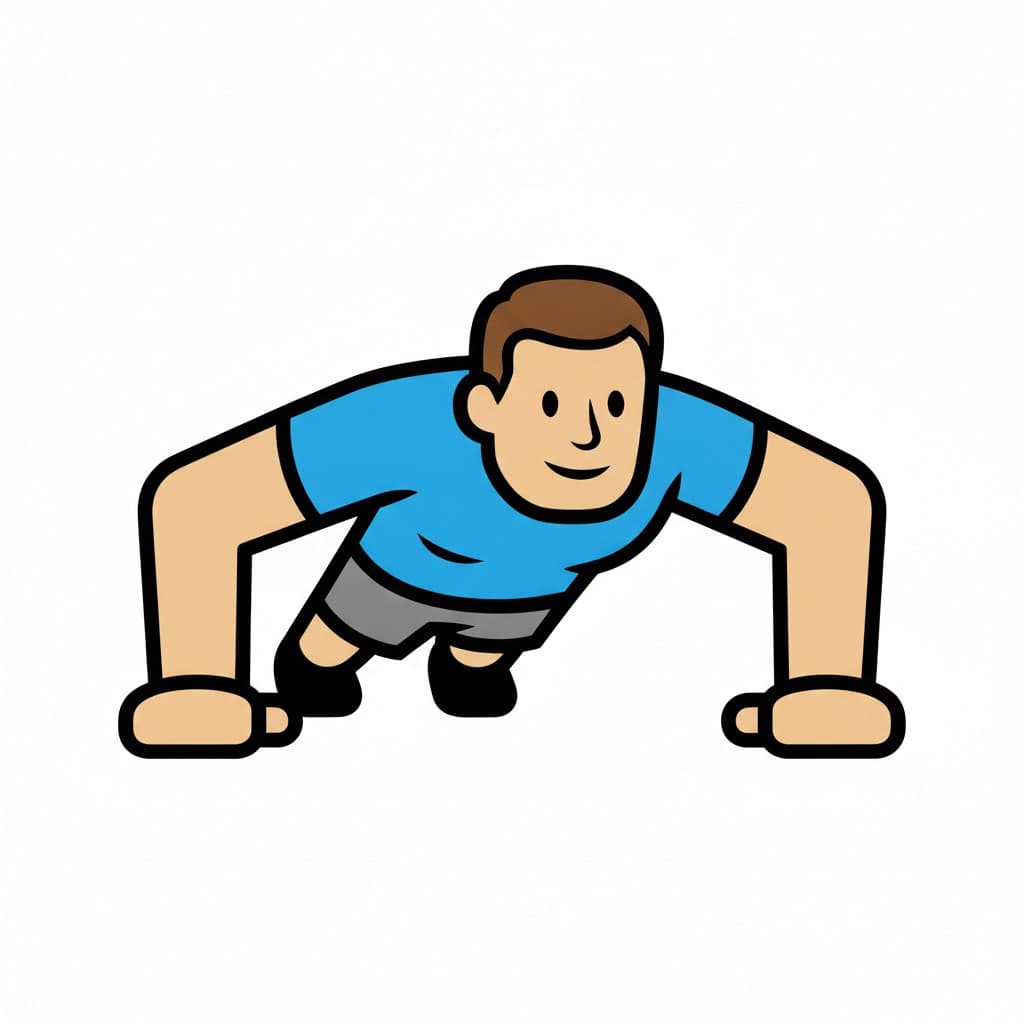 A boy in a blue t-shirt holds a push-up position with his hands on the floor.