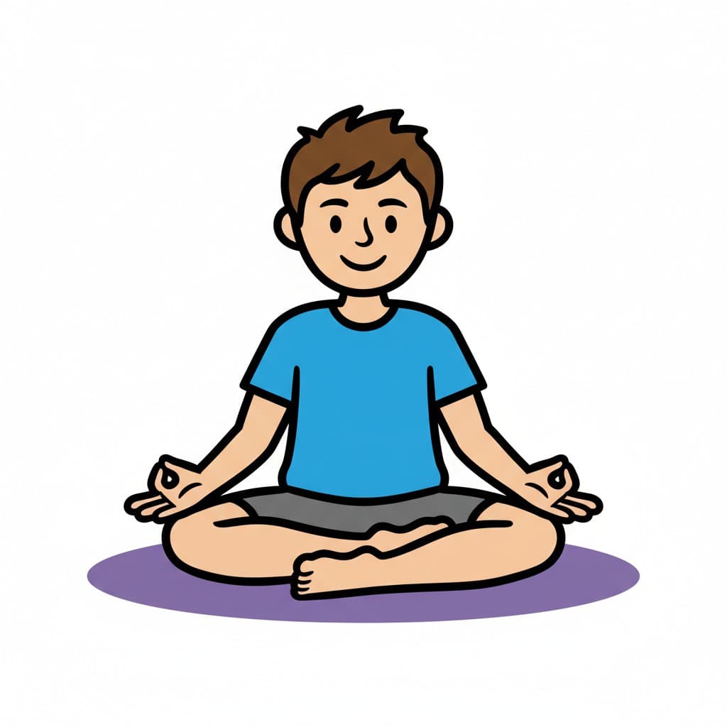En pojke sitter i en yogaställning med korslagda ben och händerna på knäna.