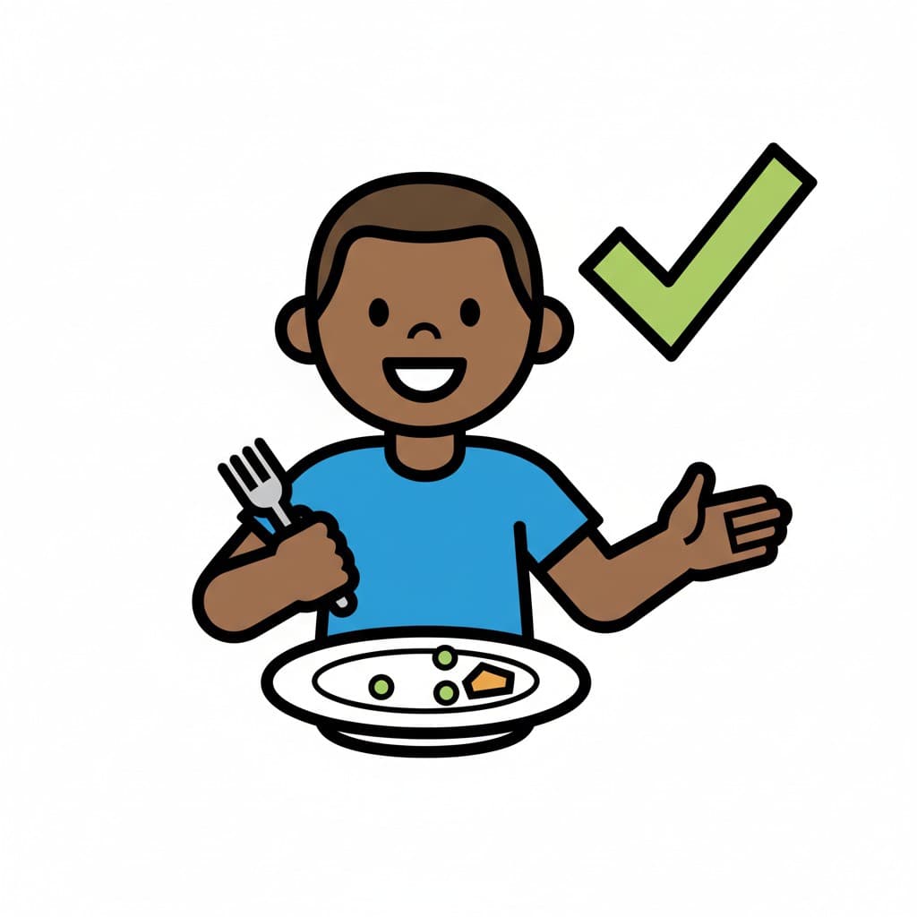 A boy smiling, holding a fork, with a plate showing very little food left, and a green checkmark symbol above his outstretched hand, indicating completion.