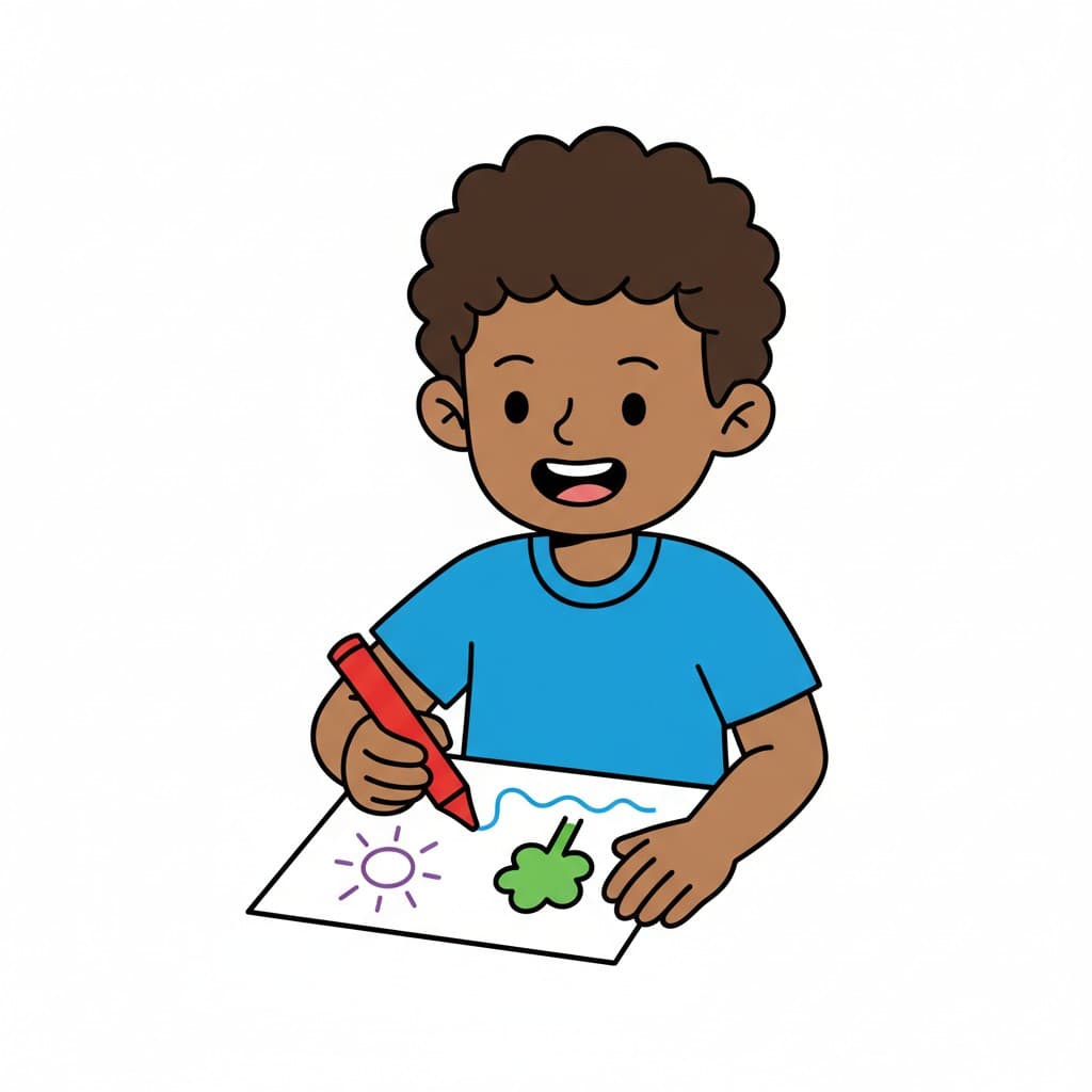 En pojke ritar med en röd krita på ett papper.