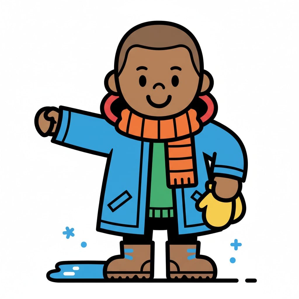 Eine Illustration eines Kindes, das eine blaue Winterjacke, einen orangefarbenen Schal und gelbe Fäustlinge trägt. Das Kind steht neben einer kleinen Pfütze und Schneeflocken, bereit, bei kaltem Wetter nach draußen zu gehen.