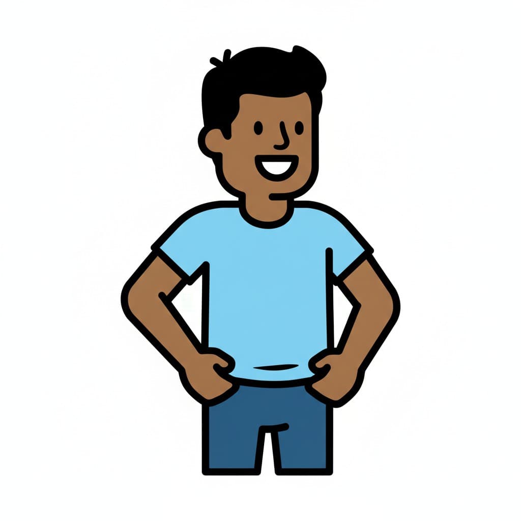 En illustrasjon av en gutt som har på seg en blå t-skjorte og blå shorts, står med hendene på hoftene og smiler.