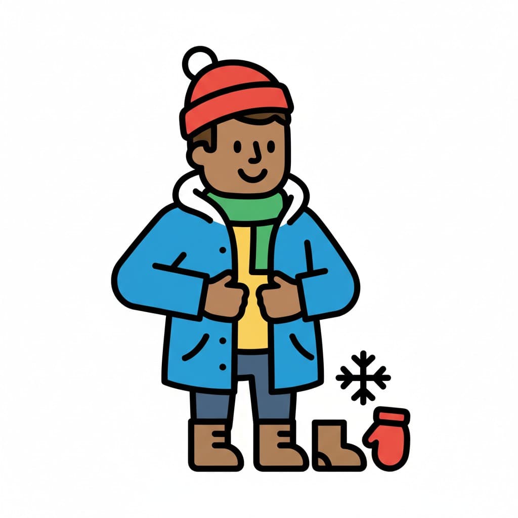 En gutt kler på seg vinterklær. Han har på seg en blå jakke, grønt skjerf og rød lue. Støvler og en rød vott ligger på bakken ved siden av et snøfnuggikon.