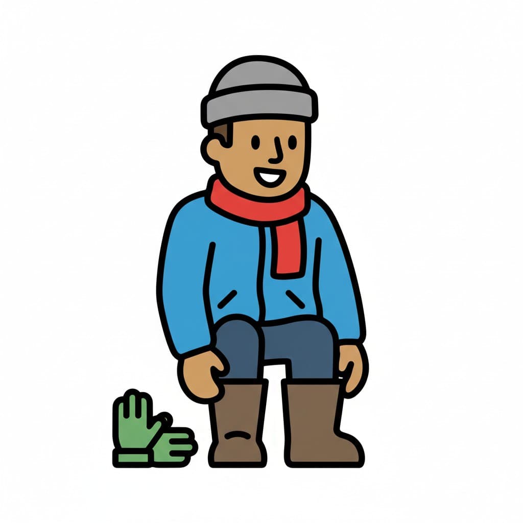 Illustration av ett barn klätt i vinterjacka, mössa, halsduk och stövlar, med handskar på marken. Barnet är redo att gå ut.