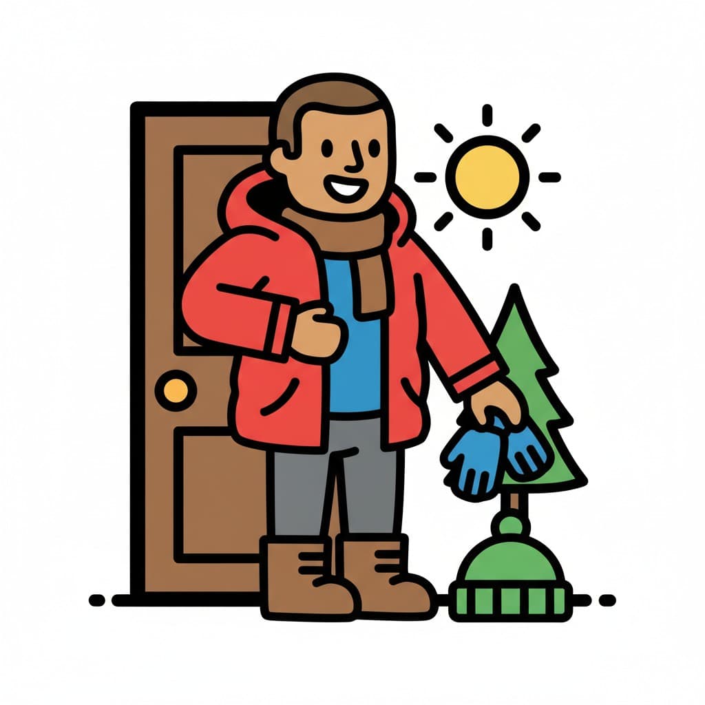 En glad pojke klär på sig vinterkläder med jacka, halsduk och handskar, redo att gå ut genom dörren i solsken med ett litet träd.