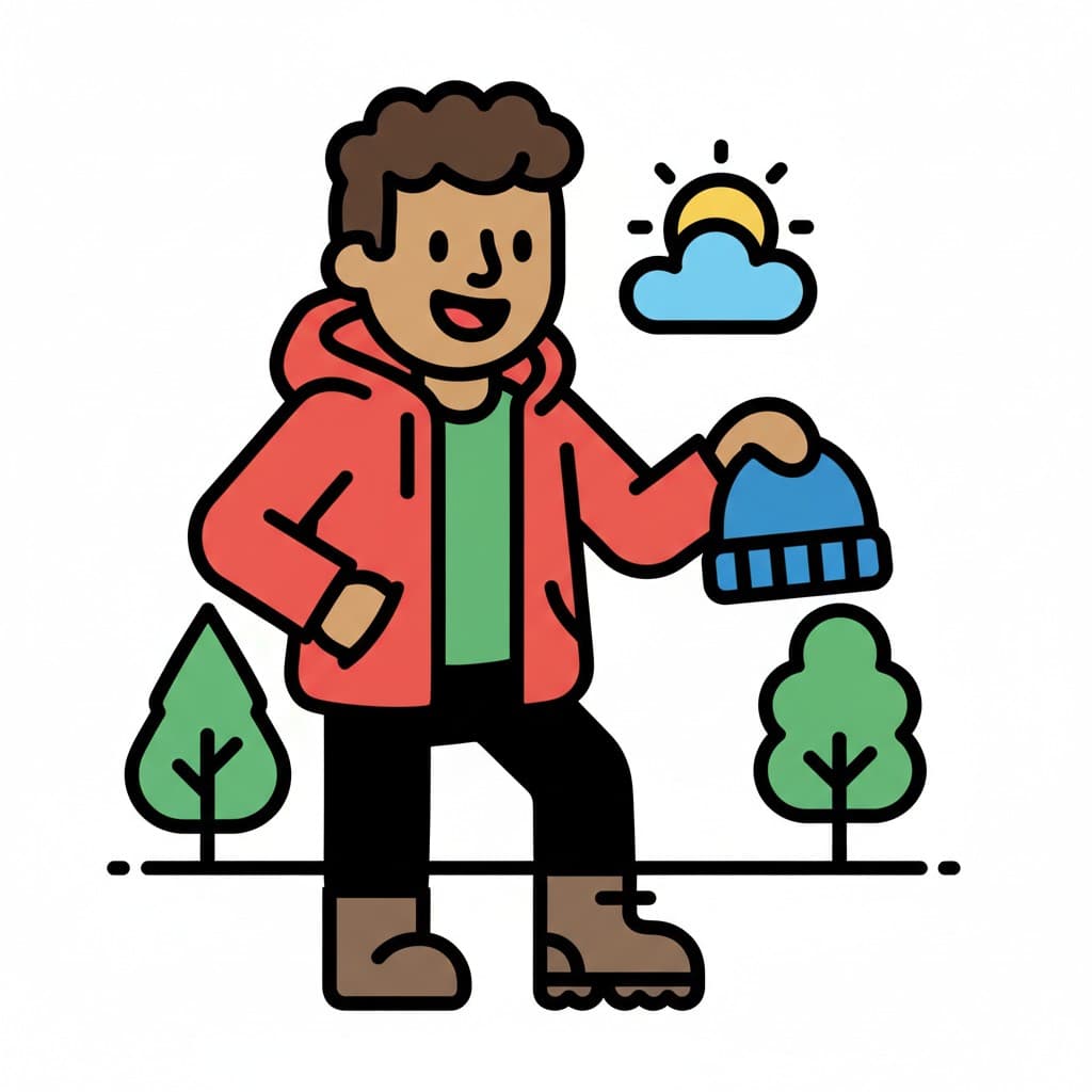 En glad pojke i röd jacka håller en blå mössa, redo att gå ut bland träd med sol och moln.