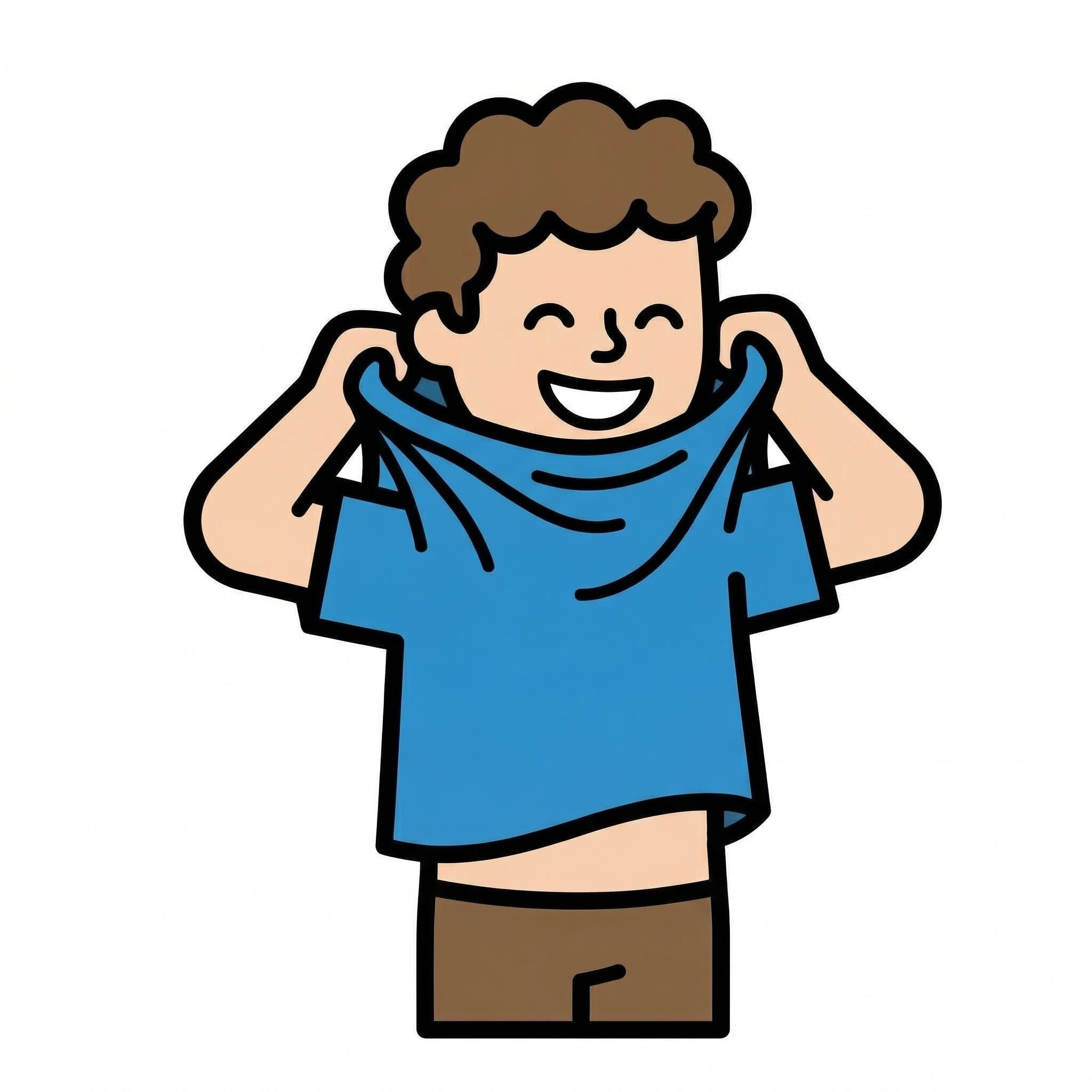 Ein Junge zieht ein blaues T-Shirt an.