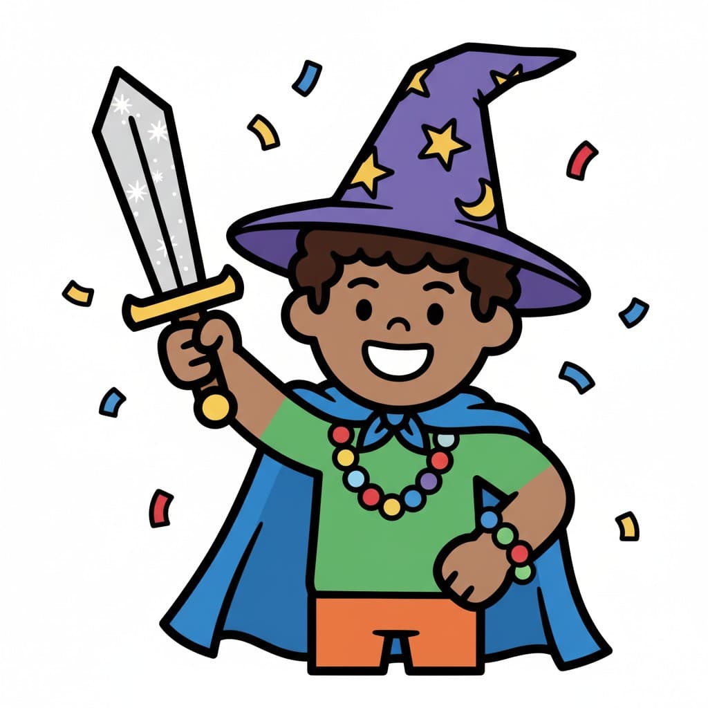 En glad pojke klädd som trollkarl med lila hatt, blå cape och ett leksakssvärd i handen, omgiven av konfetti.