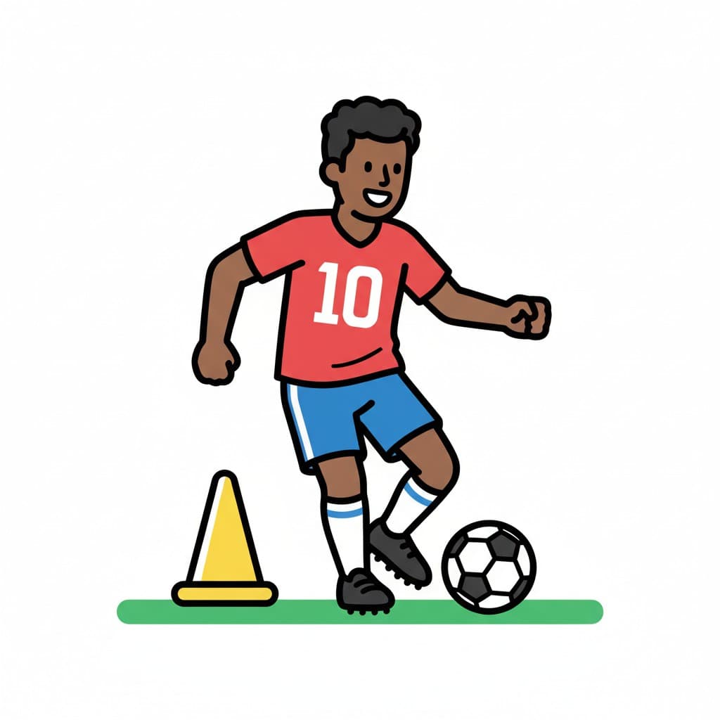 A boy in a red jersey and blue shorts dribbling a soccer ball past a yellow cone.