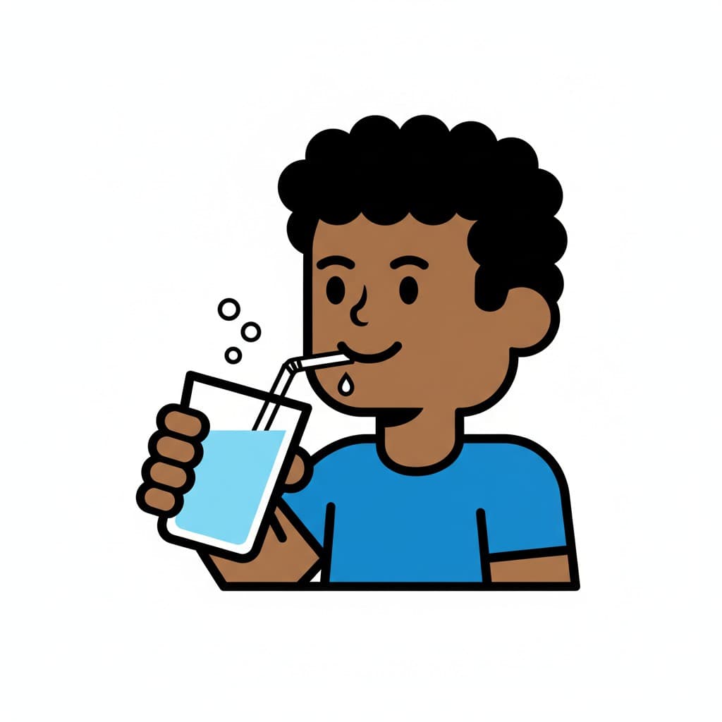 En pojke dricker ur ett glas med sugrör.